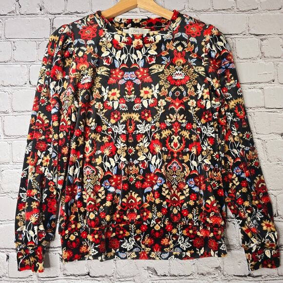 Loft Dark Floral Forest Velour Velvet Soft Knit Long Sleeve Crew Neck Top XS - Picture 2 of 10